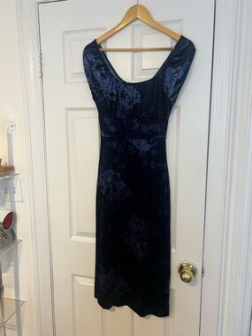 VTG Betsey Johnson Navy Floral Velvet Midi Dress (Worn on Sabrina Teenage Witch)